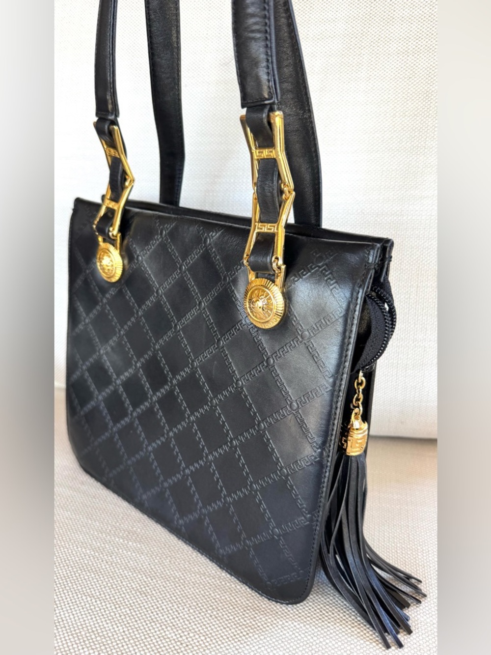 VERSACE Vintage Gianni Versace EUC Black Greca Sunburst Shoulder Bag